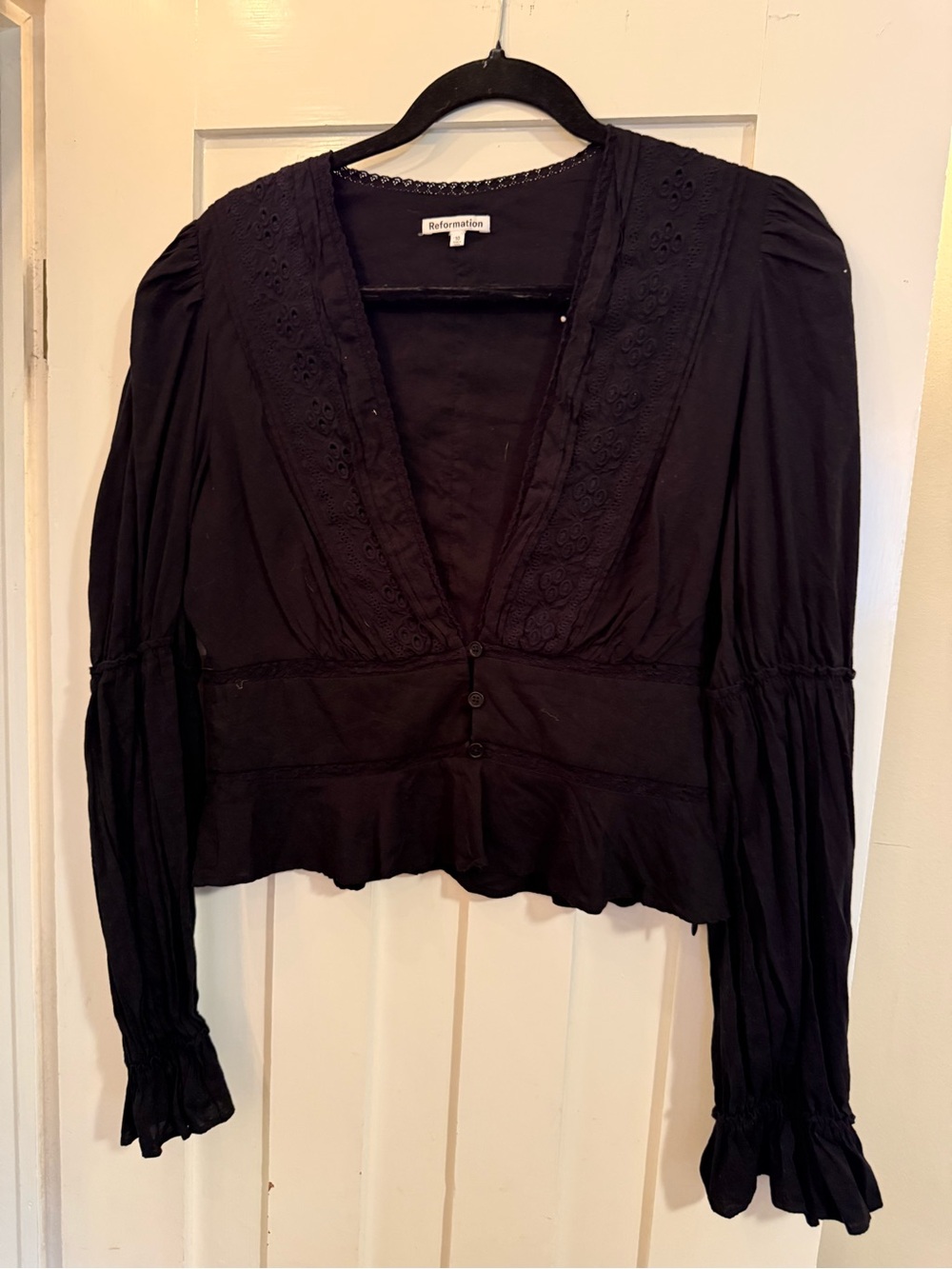 Reformation Black Deep V-Neck Peplum Button-Front Blouse